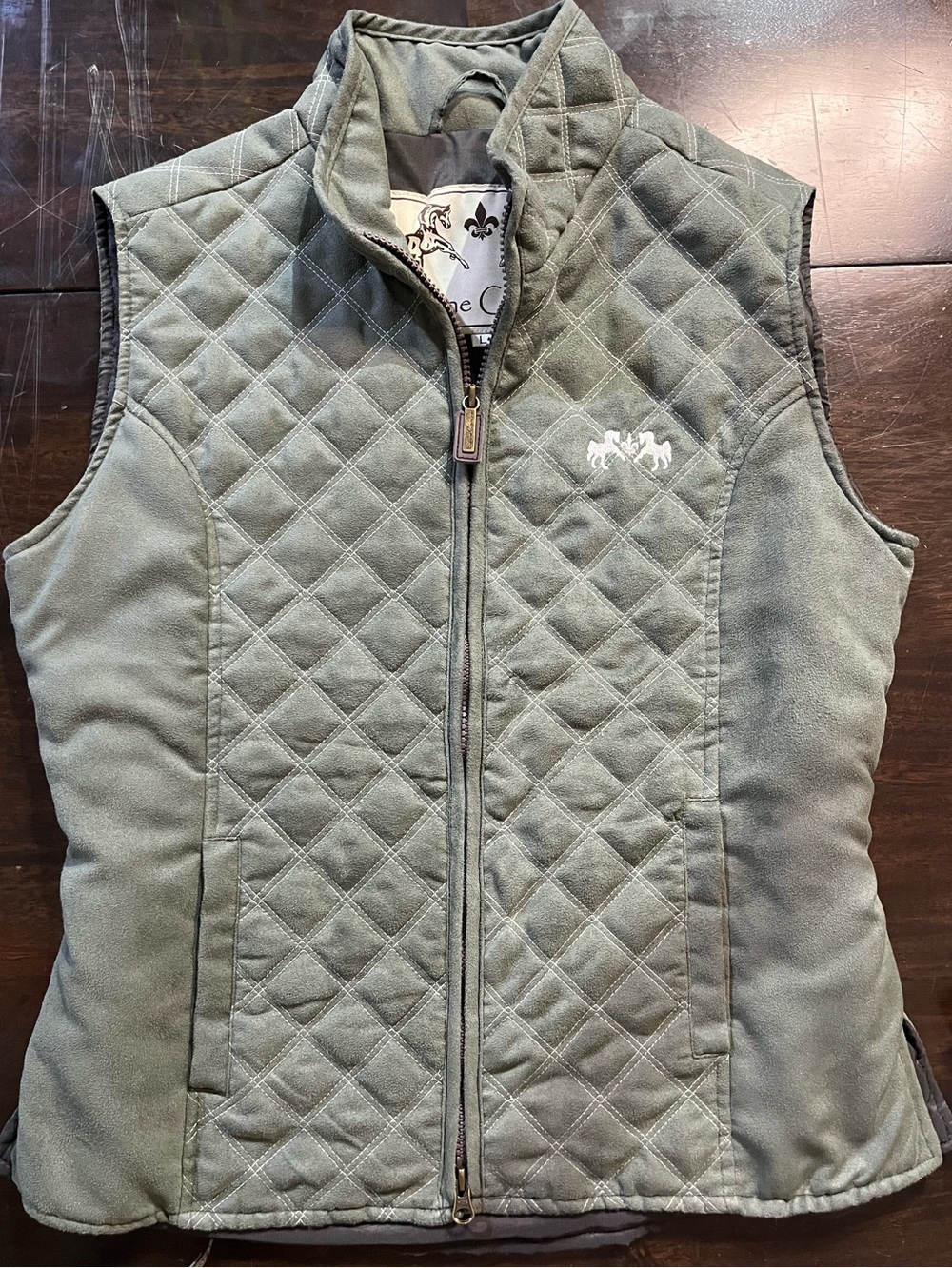 Equine Couture Sueded Quilted Green Vest, Packable, Zipper, Sz L